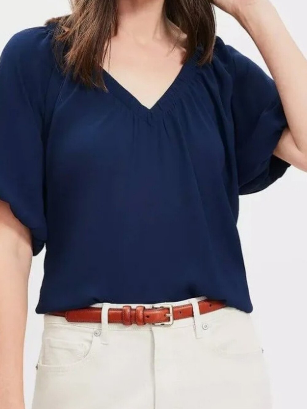 LOFT NAVY BLUE V-Neck Puff Gathered Sleeve Blouse Sz M